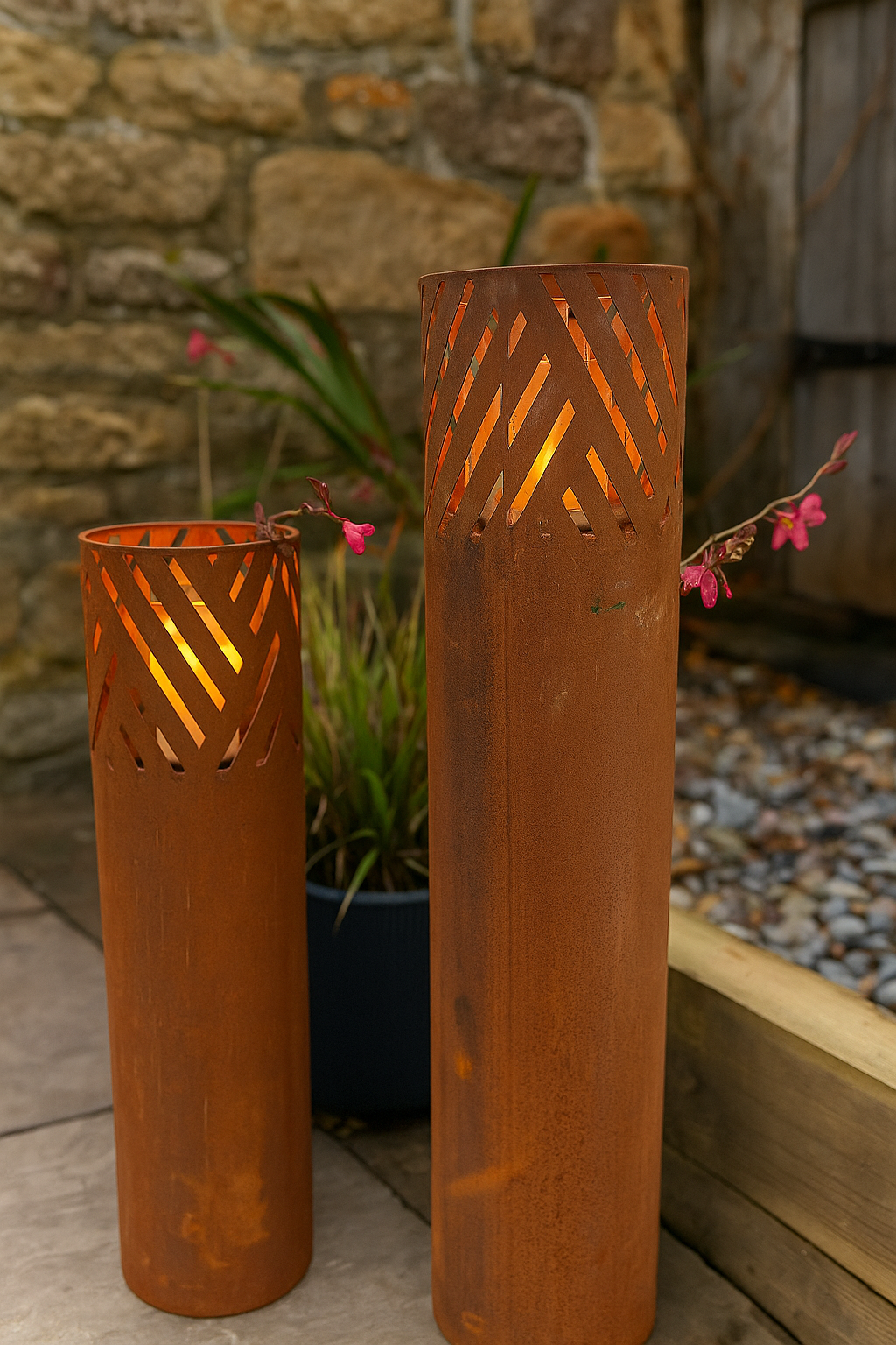 Corten Steel Set of Two Candle Columns with Glass Candle Protectors